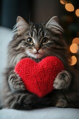 holiday valentine card with cute kitten holding red knitted heart in paws