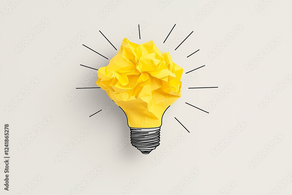 Poster light bulb crumpled paper idea with lightbulb rays. light bulb made of crumpled yellow paper represe