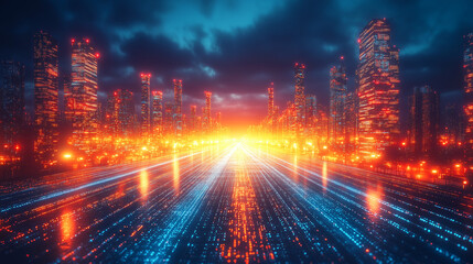 Futuristic cyberpunk cityscape with glowing digital highways and neon skyscrapers in a high-tech virtual world