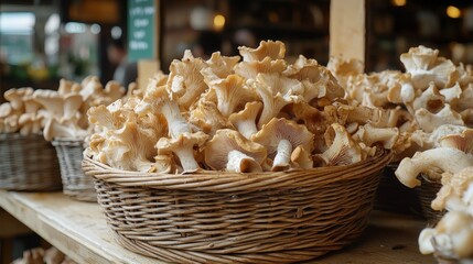 Fototapeta premium Fresh chanterelle mushrooms market basket display