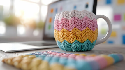 Cozy knitted mug on desk near laptop, bright office