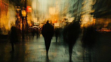 Fast-paced city motion blur with streaks of warm yellow and deep blue lights capturing the energy of a bustling metropolis