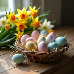 easter eggs in a basket with flowers