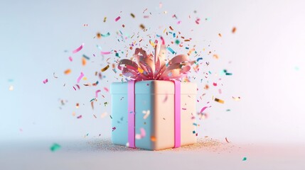 A gift box explodes with colorful confetti, celebrating a joyous occasion.