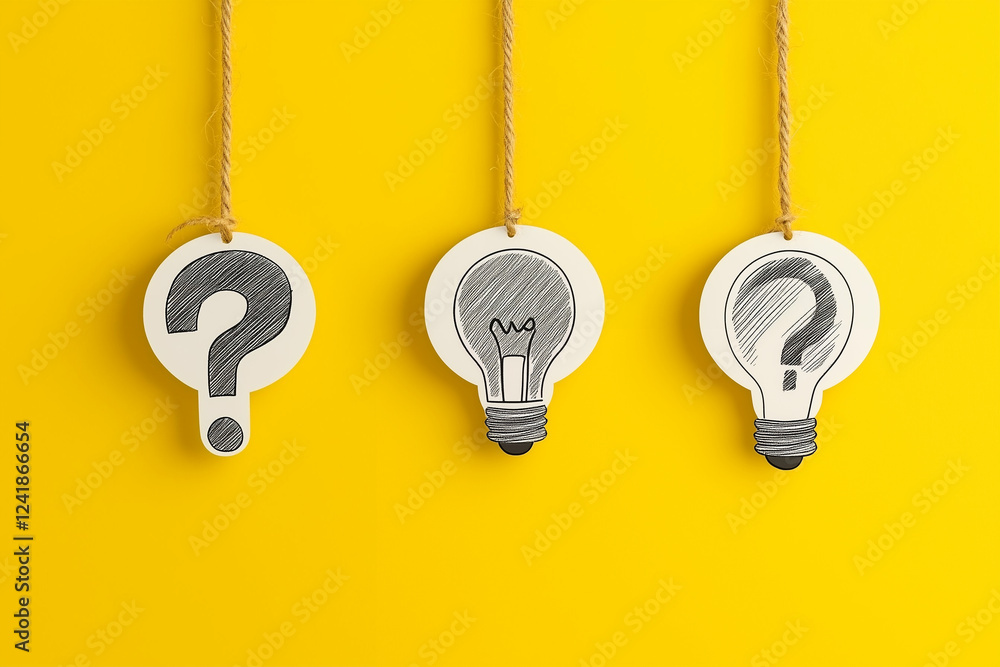 Poster hanging tags with question mark and light bulb graphic design on yellow background. question mark an