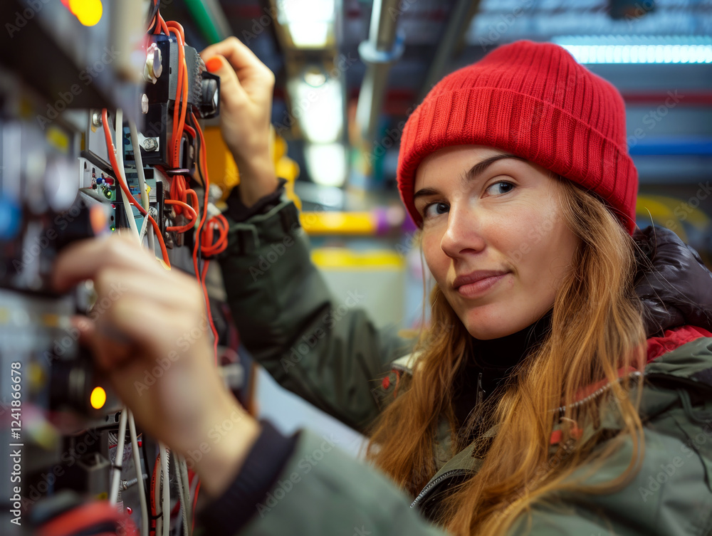 Poster young woman in a red hat operates a control panel with wires in technical setting. concept of techni