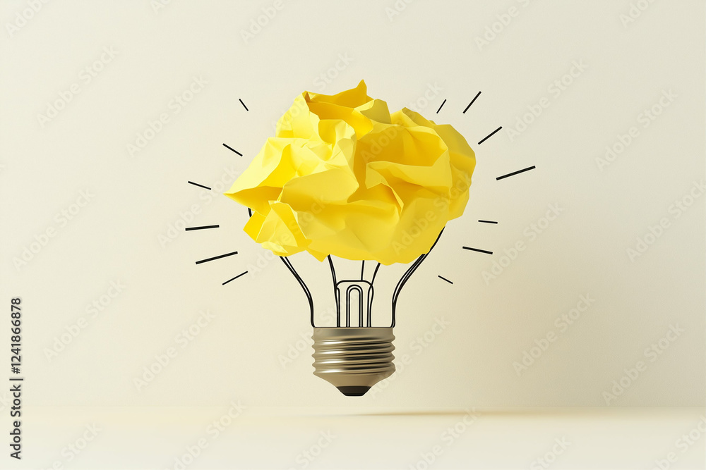 Poster light bulb with crumpled yellow paper inside symbolizing creative idea. light bulb idea with crumple