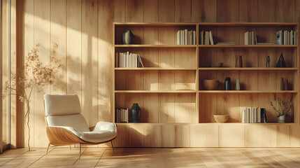 Modern minimalist living room interior with wooden bookshelf, armchair, and decor on a natural wood-paneled wall. 3d rendering. Artistic Rendering Style. Illustration