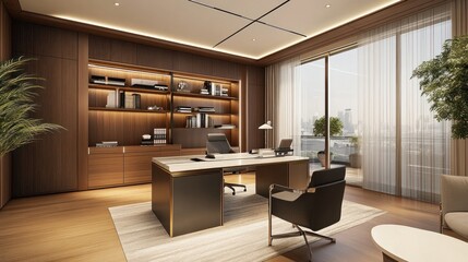 Fototapeta premium Modern Luxury Office Design: A Sophisticated Workspace with Panoramic City Views
