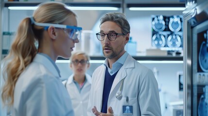 Female Asian scientist and male surgeon discussing MRI scan in lab, focused on brain rehab