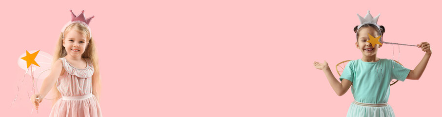 Cute little fairies on pink background with space for text