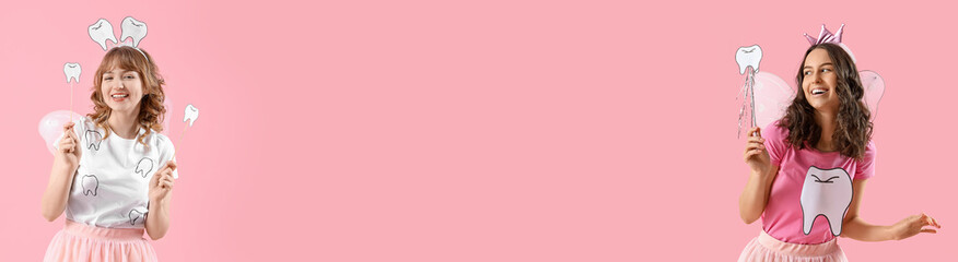 Tooth Fairies on pink background with space for text