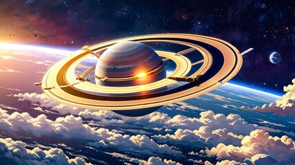 A massive spaceship hovering above Saturn’s rings, offering a breathtaking view of the galaxy and glowing interstellar clouds