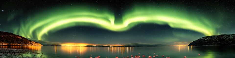 Stunning Northern Lights Over Calm Lake and Scenic Mountains at Night: Aurora Borealis Panorama with Green Sky, Reflections, and Serene Nature Landscape