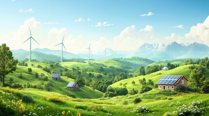 Fototapeta premium Sustainable countryside village with solar-powered homes and wind turbines on lush green hills under a clear sky