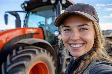 A photo of an attractive female farmer taking a selfie in front of her tractor an orange and black tractor with large wheels She is smiling at the camera shot on a Ca