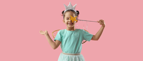Cute little fairy with wand on pink background
