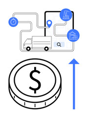Delivery truck on a mapped route with location icons connecting oil, warehouse, and stopwatch. Coin with upward arrow symbolizing financial growth. Ideal for business, supply chain, logistics