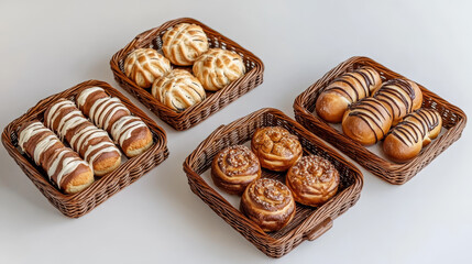 Fototapeta premium Sweet Delights: Wicker Trays of Fresh Buns in a Bakery