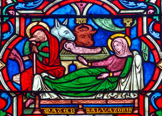 Stained glass (19th century) of Christmas Nativity Scene with Virgin Mary, Saint Joseph, and Jesus...