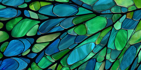 Close-up of butterfly wing with vivid green and blue stained glass-like patterns, ideal for nature-themed designs, eco-friendly concepts, or creative digital art backgrounds