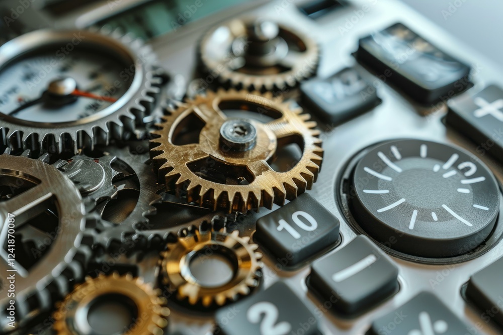 Poster close up of interlocking gears on calculator buttons, representing financial calculations and automa