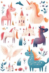 Obraz premium Whimsical unicorns and castles in a magical land.