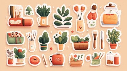 Charming collection of illustrated stickers featuring plants, kitchenware, and art supplies.