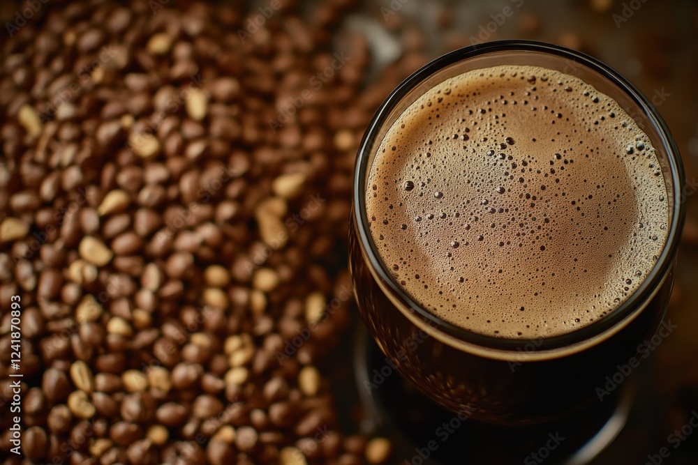 Wall mural Glass of hot coffee with abundant foam near roasted coffee beans