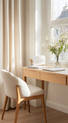 Cozy workspace corner featuring a wooden desk, comfortable chair, and natural light from large windows for a serene work atmosphere