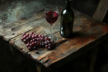 Fototapeta premium Glass of red wine and bottle standing on old wooden table with grapes