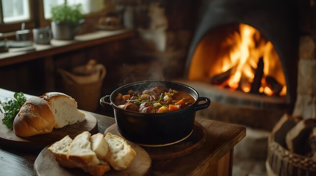 Traditional Irish kitchen featuring a warm hearth fire and hearty meal preparation