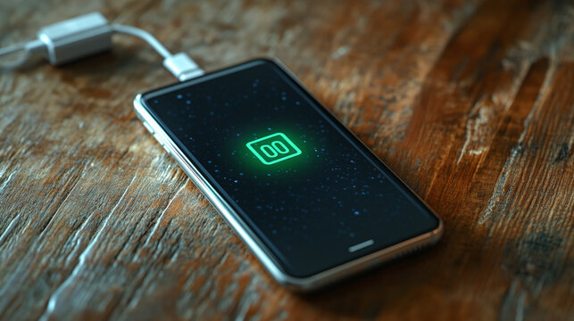 Closeup of a smartphone with fully charged, green battery on the screen, placed on a wooden table or desk. plugged in device, electricity recharge status or level.