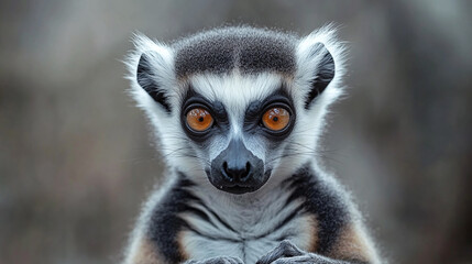 Obraz premium Closeup portrait of one beautiful madagascar black and gray furry lemur animal outdoors in the wildlife or the zoo. fluffy creature looking at the camera.