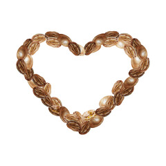 Obraz premium Coffee frame made of brown roasted beans in the shape of a heart. Watercolor illustration. Labels, Valentines Day cards, invitations, banners, posters