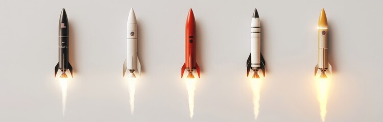 Five rockets launching on white background; startup