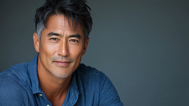 Closeup studio portrait photography of a handsome mature middle aged asian man wearing a blue shirt, looking at the camera and smiling.