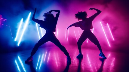 Two professional dancers performing on stage with neon lights and smoke
