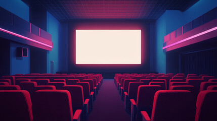 Fototapeta premium Empty Cinema Hall: Blank Screen and Rows of Red Seats