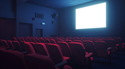 Obraz premium Empty Cinema Hall: Blank Screen and Rows of Red Seats