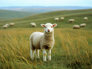 Obraz premium Adorable young white lamb grazing in open pasture on farm, copy space