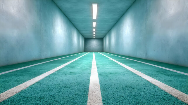 Empty green running track inside a long concrete tunnel with overhead lights creating a symmetrical vanishing point.