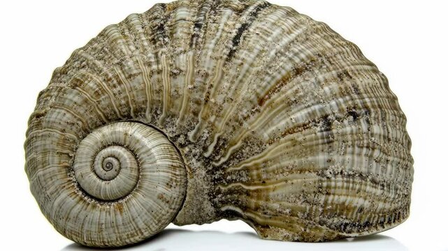 Large spiral shell displaying intricate natural patterns on its surface found on a sandy beach during low tide near coastal rocks
