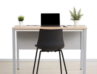 Fototapeta premium modern office table and chair with laptop and tree pot isolated on transparent background