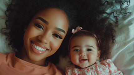 Top view of a beautiful young african american woman with curly hair, mother smiling and looking at her baby girl, both of them are lying on the bed. motherhood concept, parent and child together.