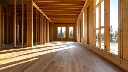 Fototapeta premium Bright, open interior view of a wooden-frame structure under construction.