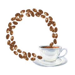 Round frame of brown roasted coffee beans and ceramic white cup. Hand drawn watercolor illustration isolated on white. For labels, cards, invitations, packaging, banners, posters.