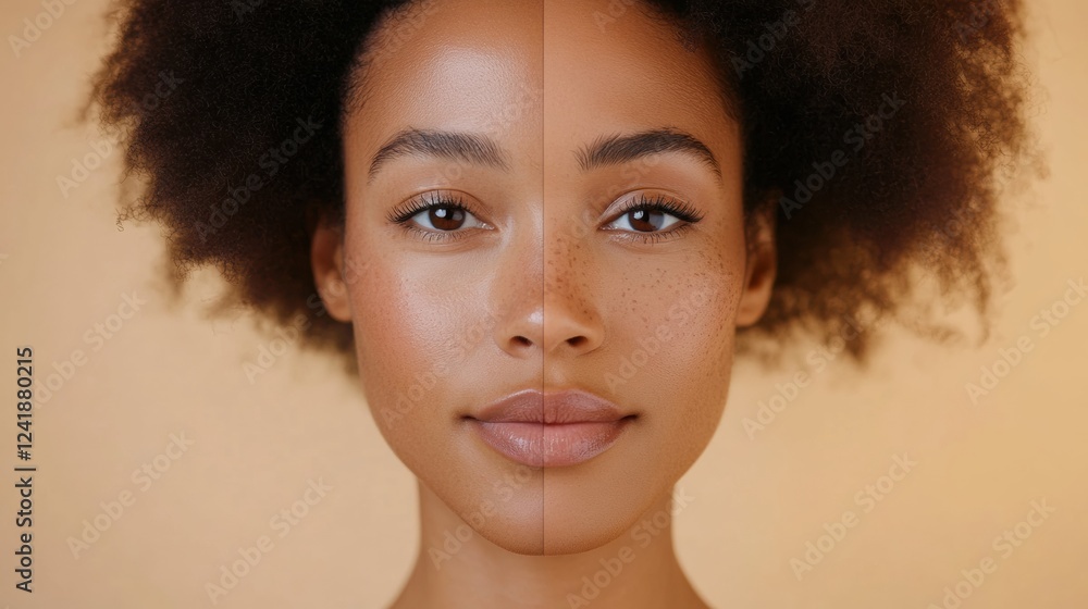 Poster natural beauty on one side and makeup transformation on the other side displayed in a creative split