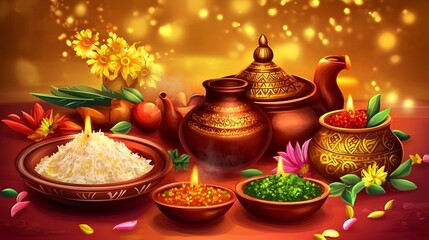 Fototapeta premium Ugadi festival celebration with traditional food offerings, clay pots, diyas, and festive decorations in a vibrant setting