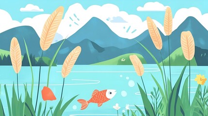 Scenic lake illustration with fish, reeds, and mountains in a vibrant nature inspired landscape